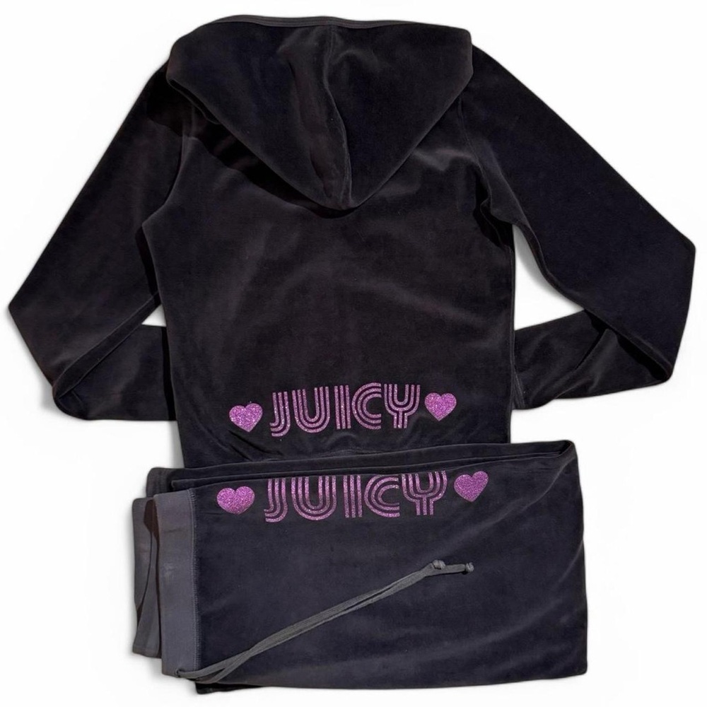 Y2K Juicy Couture Brown Velour Tracksuit Pink Glitter Heart Script Large